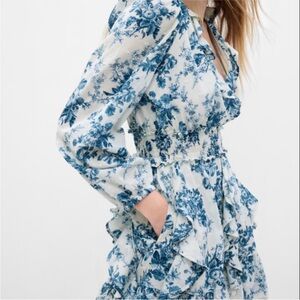 Gap X Loveshackfancy Ruffle Floral Dress Blue White A Line Long Sleeve Mini